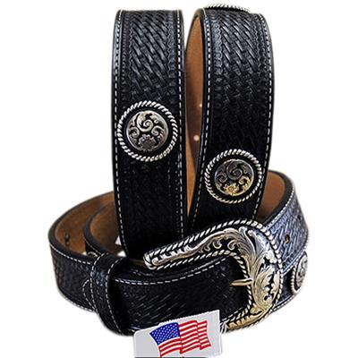 BR-C12433-JUSTIN ROUND EM UP TOOLED WESTERN LEATHER BELT BLACK MADE IN THE USA