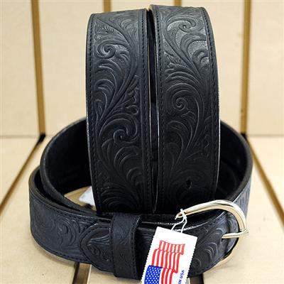 BR-53903-SILVER CREEK WESTERN SCROLL TOOLED LEATHER MANS BELT BLACK MADE IN THE USA