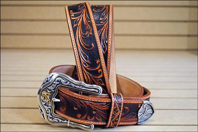 BR-C41514-TONY LAMA TOOLED LEATHER WESTERLY RIDE MEN BELT TAN MADE IN THE USA