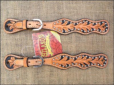 BHPS140-HILASON WESTERN HAND TOOLED LEATHER SPUR STRAPS TAN W/ BLACK HAND PAINTED INLAY