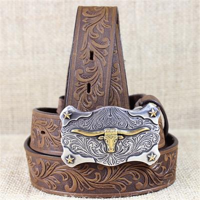 BR-C60119-TONY LAMA BROWN BOY'S FLORAL TOOLED LEATHER LITTLE TEXAS WESTERN BELT