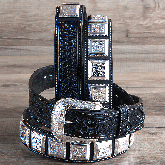 42 3d Black Mens Western Leather Basketweave Silver Concho Cowboy