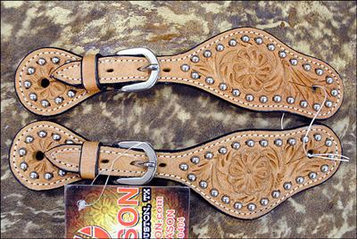 BHPS102-NEW HILASON WESTERN SPUR STRAPS LEATHER HAND TOOLED W/ STUDS - TAN