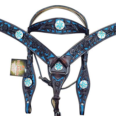 BHPA326DBTRQCN071-HILASON WESTERN LEATHER HORSE BRIDLE HEADSTALL BREAST COLLAR TURQUOISE CONCHO