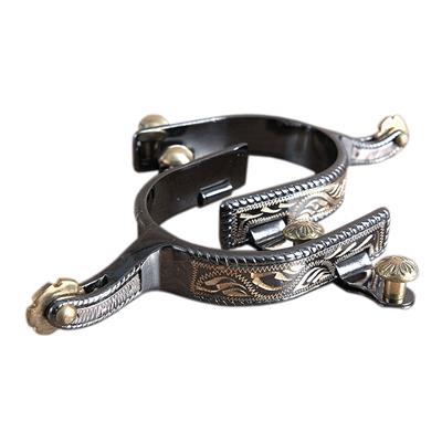 AH-258-029-MIDNIGHT SILVER ENGRAVED BAND LADIES SPURS WITH ENGRAVED BAND AND ROSEBUD ROWEL