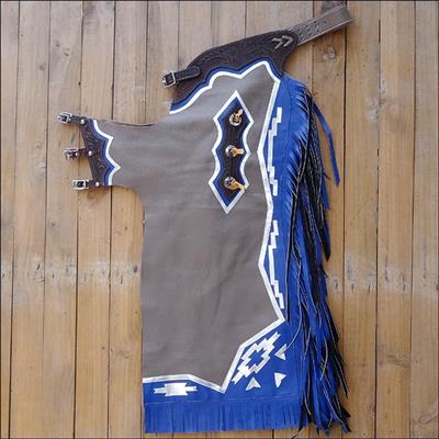 HSCH202A-A2 HILASON BRONC BULL RIDING SMOOTH LEATHER RODEO WESTERN CHAPS GREY BLUE SILVER