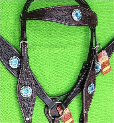 BHPA442DBCN076-HILASON WESTERN LEATHER HORSE HEADSTALL BREAST COLLAR BROWN TURQUOISE CONCHO