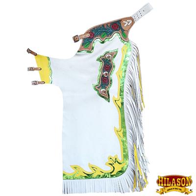 HSCH801A-HILASON BRONC BULL RIDING SMOOTH LEATHER RODEO WESTERN CHAPS TAN WHITE GREEN