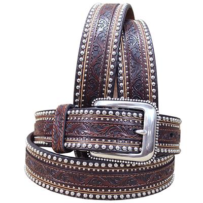 BR-C41545-TONY LAMA BROWN FLORAL TOOLED LEATHER JAGGED RAIL MEN BELT SILVER STUD