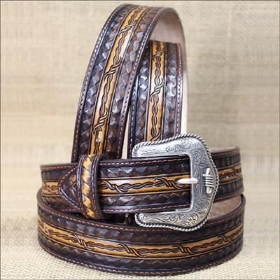 BR-C70315-SILVER CREEK BARB WIRE WILLIE MENS WESTERN BELT EMBOSSED LEATHER COWBOY