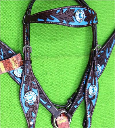 BHPA442DBTRQCN076-F06 HILASON WESTERN LEATHER HORSE HEADSTALL BREAST COLLAR BROWN TURQUOISE CONCHO