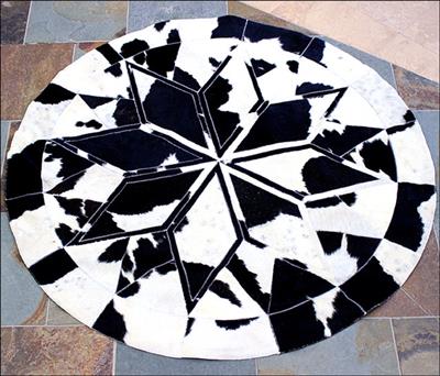 HSHS1079-HILASON PURE BRAZILIAN COWHIDE HAIRON LEATHER PATCHWORK 3D ROUND RUG BLACK WHITE