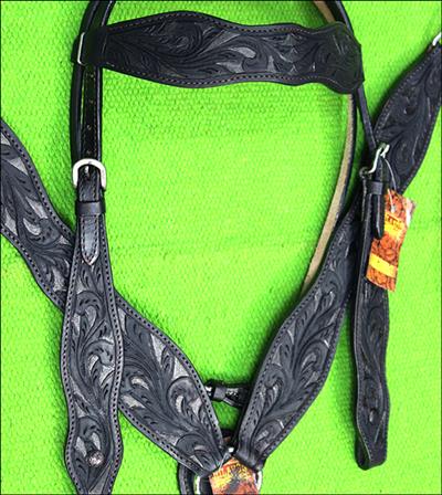 HSZT132BK-WESTERN LEATHER HORSE BRIDLE HEADSTALL BREAST COLLAR BLACK FLORAL HAND CARVED