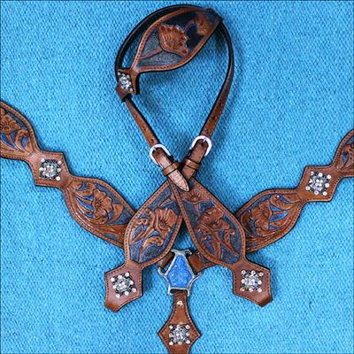 HSZT149MBK1-WESTERN LEATHER HORSE BRIDLE HEADSTALL BREAST COLLAR BLACK MAHOGANY CONCHO