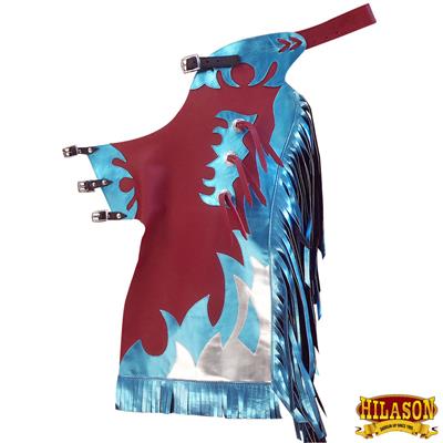 HSCH502-HILASON MEDIUM YOUTH CHILD RODEO BRONC BULL RIDING SHOW LEATHER CHAPS W/ FLAMES