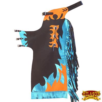 HSCH504-HILASON LARGE YOUTH CHILD RODEO BRONC BULL RIDING SHOW LEATHER CHAPS W/ FLAMES