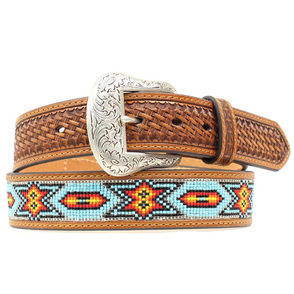 Nocona Genuine Leather,tooled,beaded Aztec print western,silver removable buckle Nocona Western Beaded Leather Belt – West 20 Saddle Co main image 2