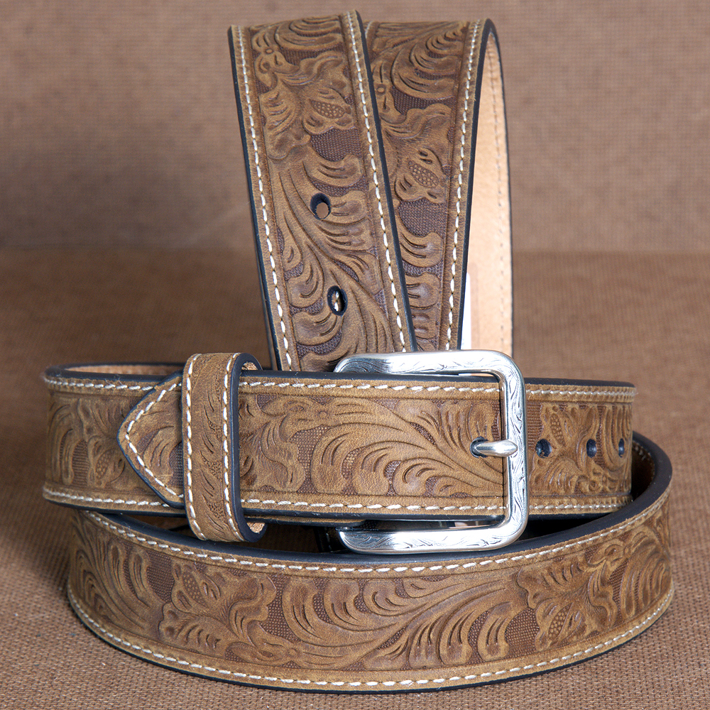 NOCONA EMBOSSED FLORAL TOOLED LEATHER MENS BELT W/ ENGRAVED BUCKLE BROWN eBay