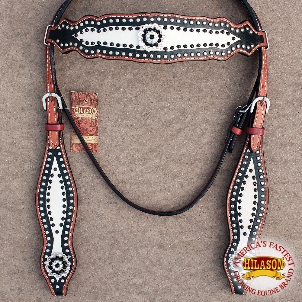 Western Horse Headstall Tack Bridle American Leather White Bling Concho