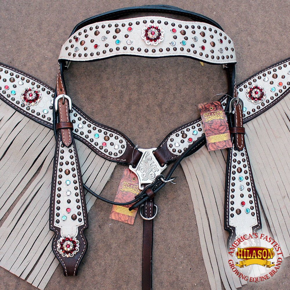 Western Horse Headstall Breast Collar Set Tack American Leather White