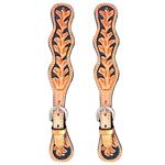 C139 HILASON WESTERN LEATHER SPUR STRAPS HAND FLORAL CARVED TAN BLACK HAND PAINT