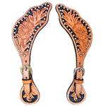 S138 HILASON WESTERN LEATHER SPUR STRAPS HAND FLORAL CARVED TAN BLACK HAND PAINT