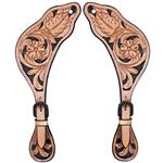 S144 HILASON WESTERN LEATHER SPUR STRAPS FLORAL CARVED TAN W/ BLACK HAND PAINT