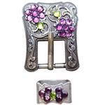 PURPLE GREEN CRYSTALS ANTIQUE SILVER FINISH BUCKLE SET BELT HEADSTALL