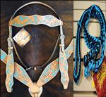 HILASON WESTERN LEATHER HORSE HEADSTALL BRIDLE BREAST COLLAR REINS TURQUOISE TAN