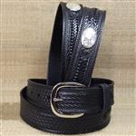 SILVER CREEK 1-1/2  BLACK SIDE WINDER EMBOSSED BASKET WEAVE LEATHER MENS BELT