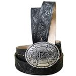 JUSTIN WESTERN  BLACK 1-1/2  PLAQUE SILVER PLATED TROPHY  LEATHER MENS BELT