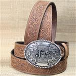 JUSTIN WESTERN TAN FANCY SILVER ENGRAVED 1-1/2  FLORAL TOOLED MENS LEATHER BELT