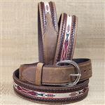 SILVER CREEK 1-1/2  BARK BROWN LACED EDGE HORSE HAIR RIBBON LEATHER MENS BELT