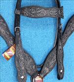 WESTERN LEATHER HORSE BRIDLE HEADSTALL BREAST COLLAR BLACK RUSTIC VINTAGE