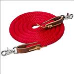 RED 8 FT WEAVER HORSE POLY ROPING REINS W/ LEATHER LACES LOOP ENDS