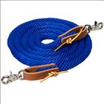 BLUE 8 FT WEAVER HORSE POLY ROPING REINS W/ LEATHER LACES LOOP ENDS