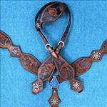 HILASON WESTERN LEATHER HEADSTALL BRIDLE BREAST COLLAR MAHOGANY W/ BLACK INLAY